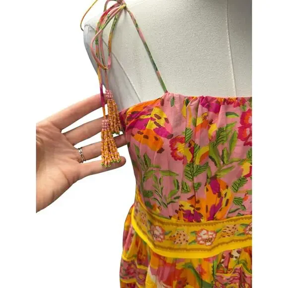 FARM Rio Yellow Pink Floral Tiered Midi Dress - Picture 12 of 12